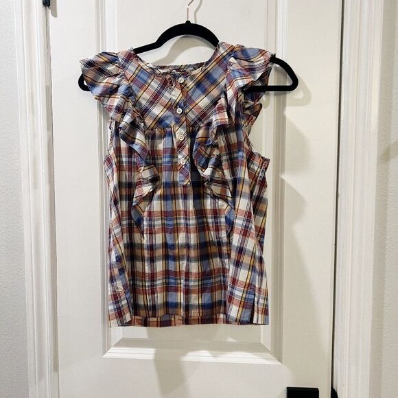 J. CREW Ruffle sleeveless summer top vintage plaid SZ 00 - Picture 4 of 8